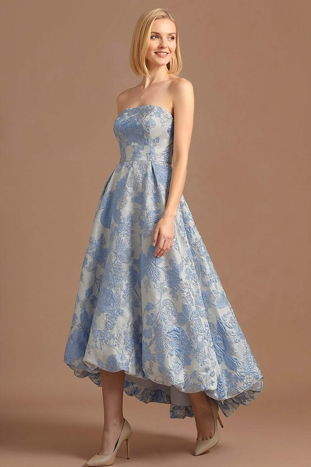 Dusty Blue High Low Floral Jacquard Maxi Wedding Guest Dress