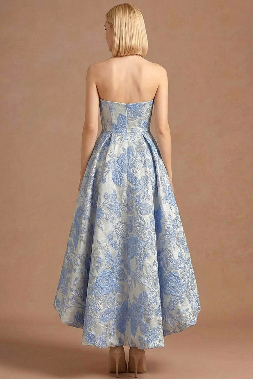 Dusty Blue High Low Floral Jacquard Maxi Wedding Guest Dress