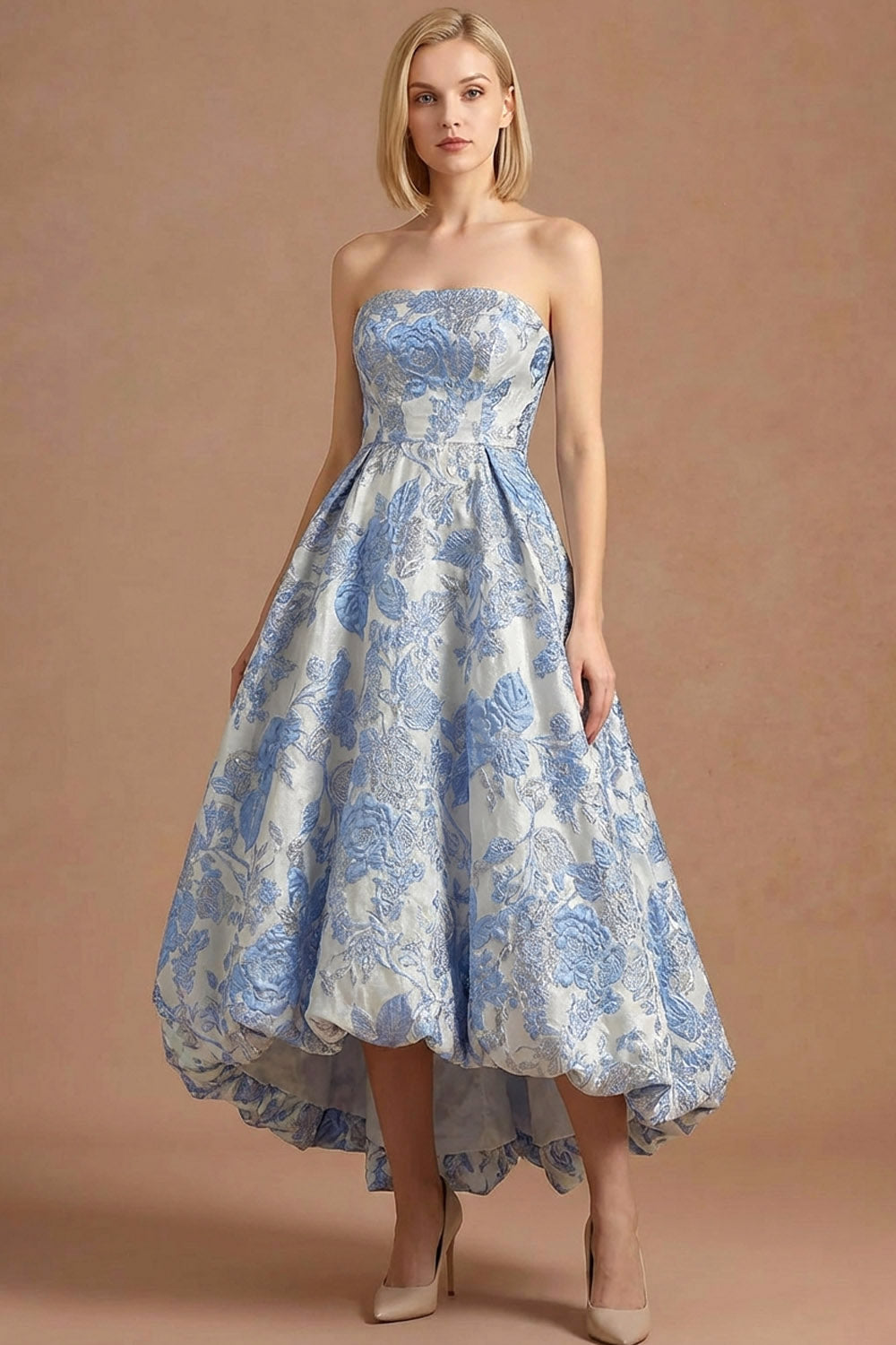 Leely Women Dusty Blue Floral Jacquard Floral Maxi Wedding Guest Dress High Low Strapless Sleeveless Prom Dress