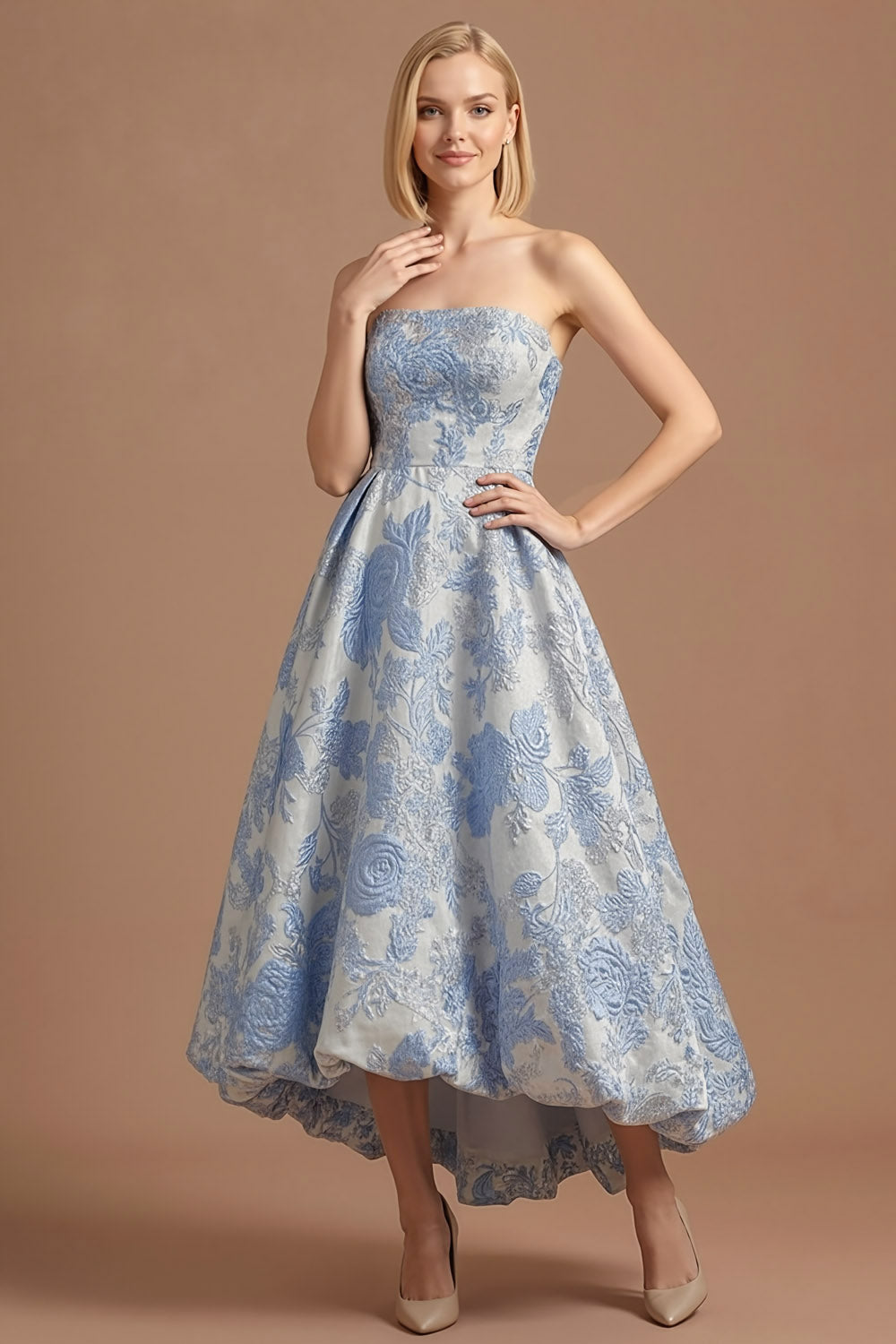 Dusty Blue High Low Floral Jacquard Maxi Wedding Guest Dress