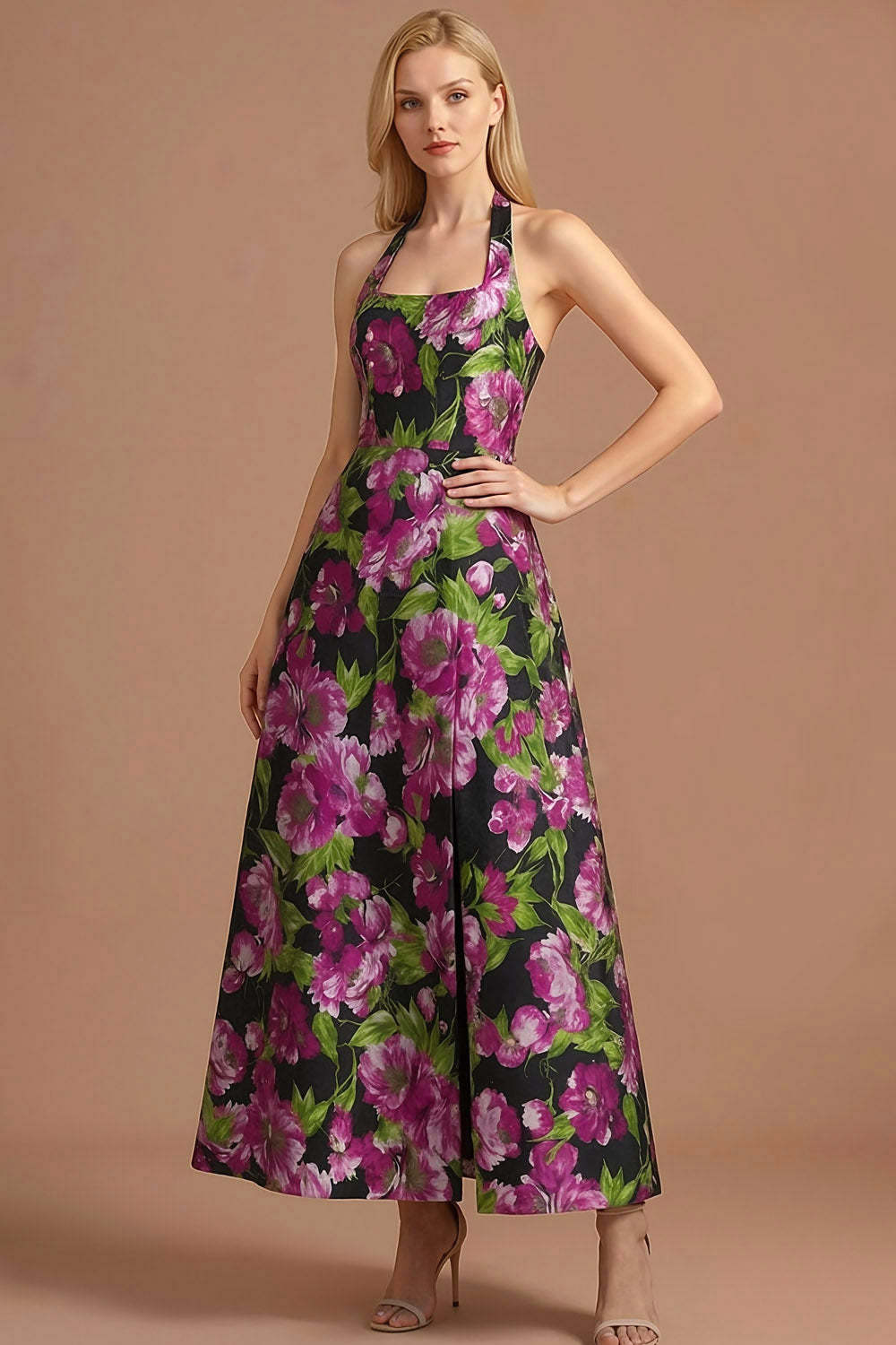 Black Floral A Line Halter Neck Long Formal Dress