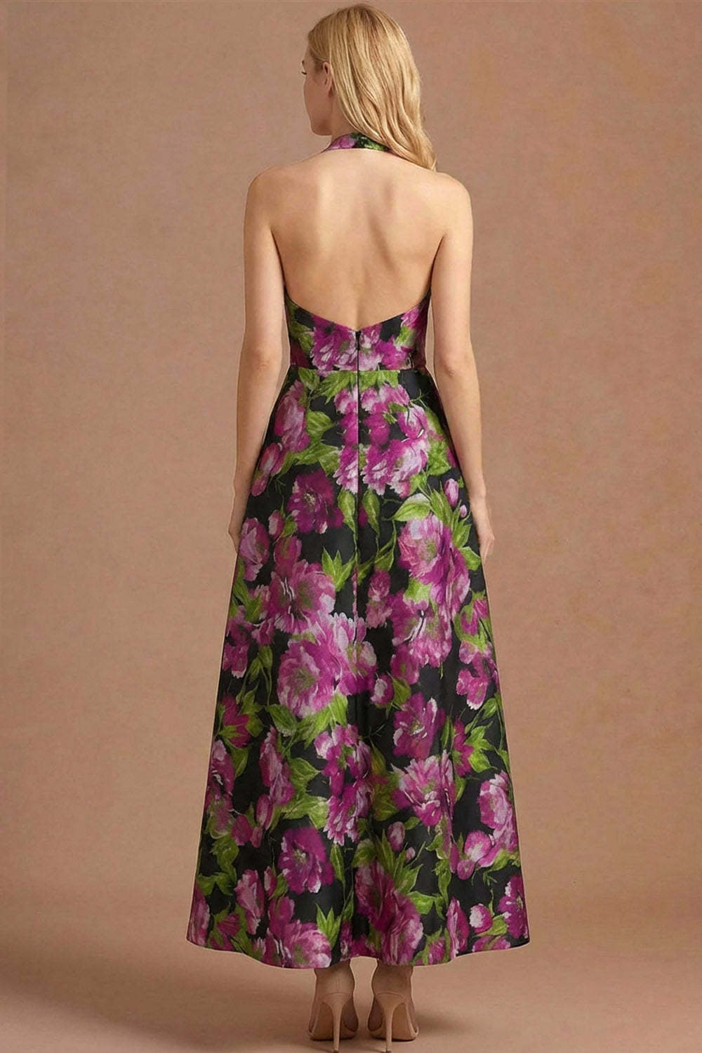 Black Floral A Line Halter Neck Long Formal Dress