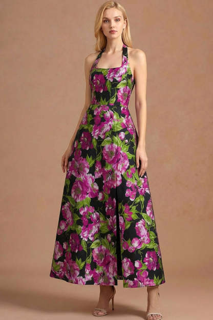 Leely Women Black Floral Halter Neck Long Formal Dress A Line Sleeveless Backless Evening Dress