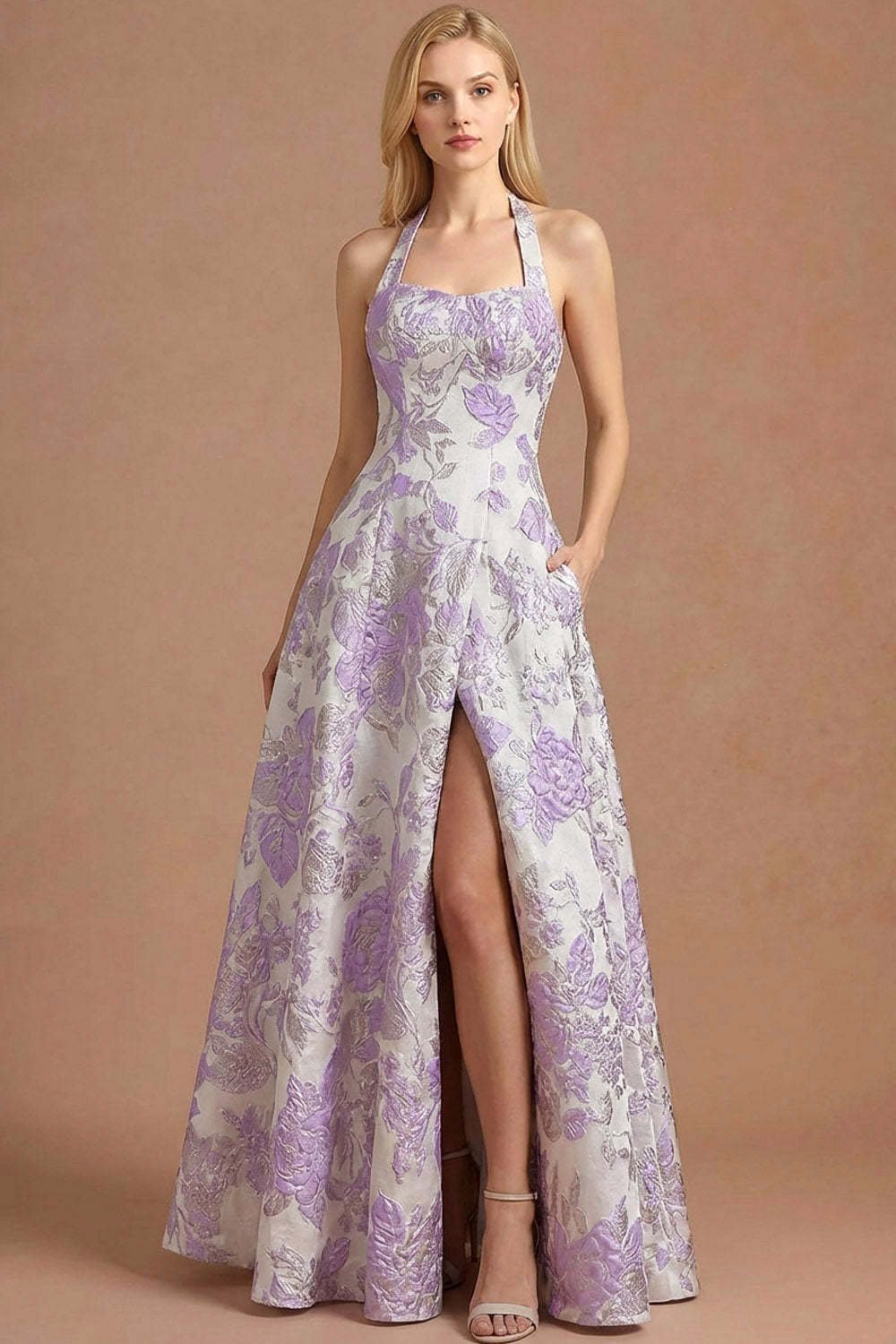 Leely Women Lilac Floral Halter Neck Long Formal Dress with Slit Jacquard Sleeveless Evening Dress