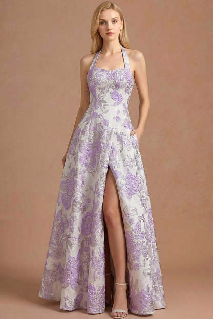 Leely Women Lilac Floral Halter Neck Long Formal Dress with Slit Jacquard Sleeveless Evening Dress