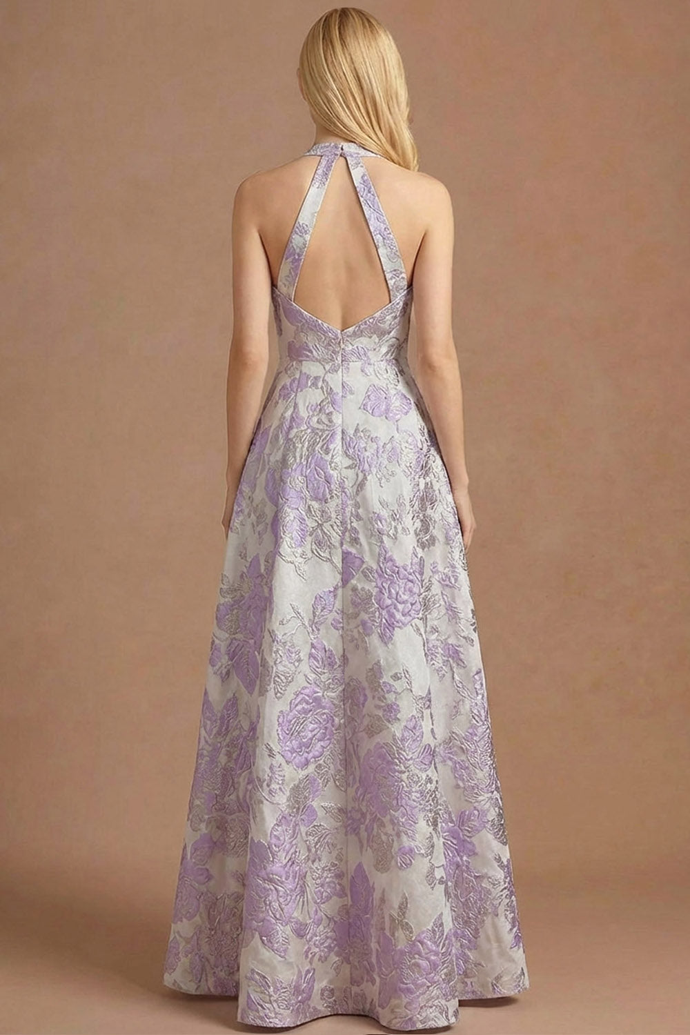 Lilac Floral Jacquard Halter Neck Long Formal Dress with Slit