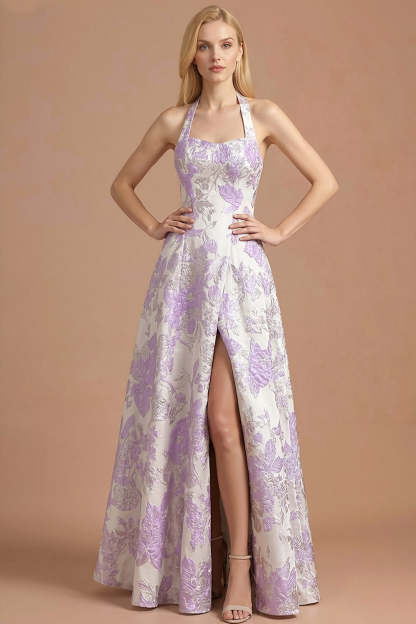 Lilac Floral Jacquard Halter Neck Long Formal Dress with Slit