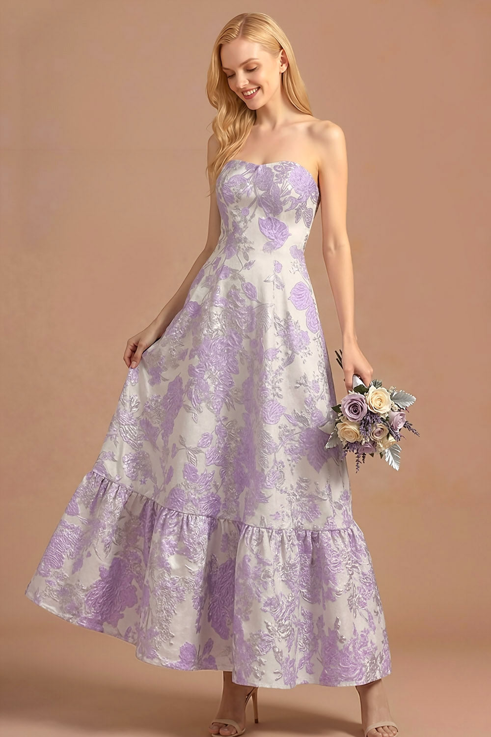 Lilac A Line Jacquard Floral Strapless Long Formal Dress