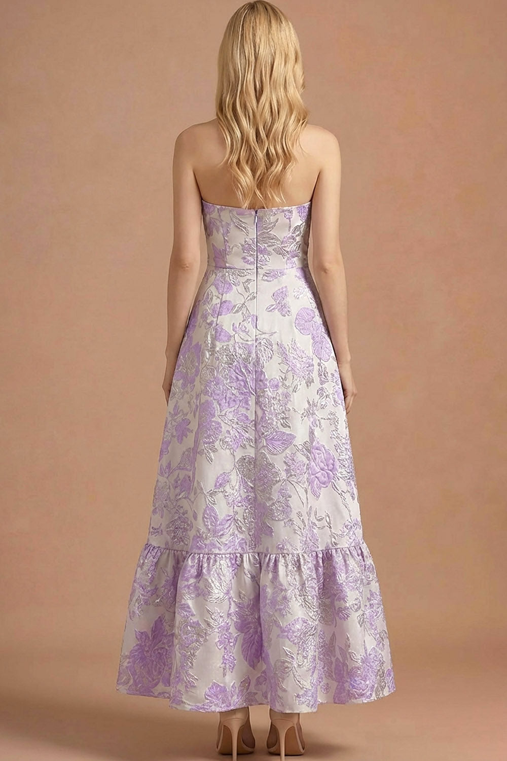 Lilac A Line Jacquard Floral Strapless Long Formal Dress