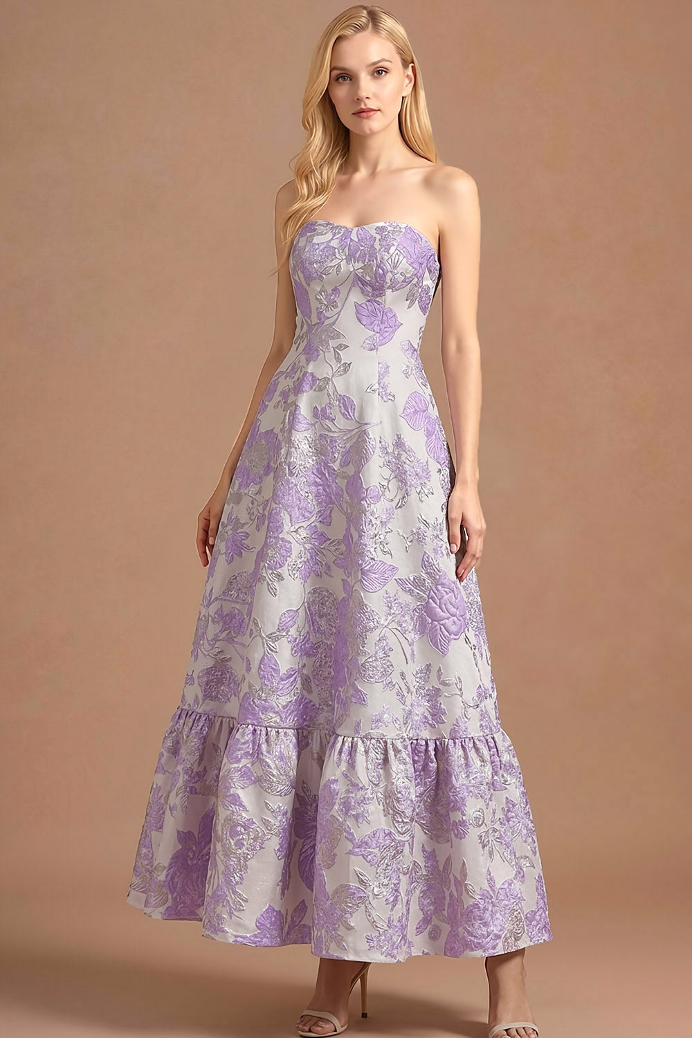 Leely Women Lilac A Line Jacquard Floral Long Formal Dress Backless Strapless Sleeveless Wedding Guest Dress