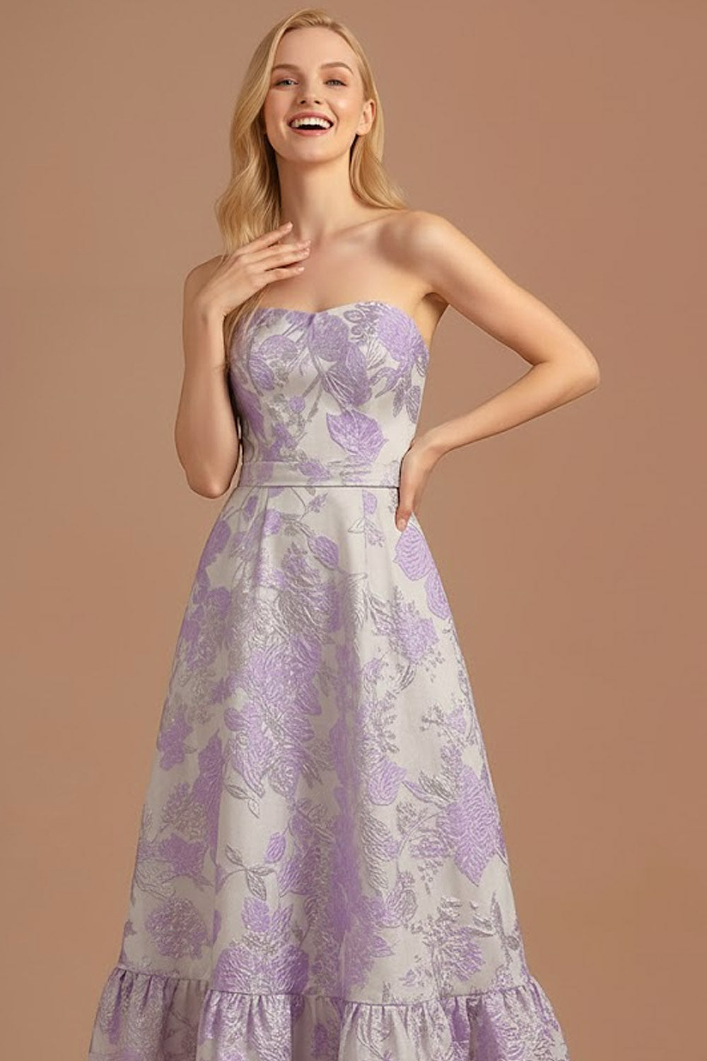 Lilac A Line Jacquard Floral Strapless Long Formal Dress