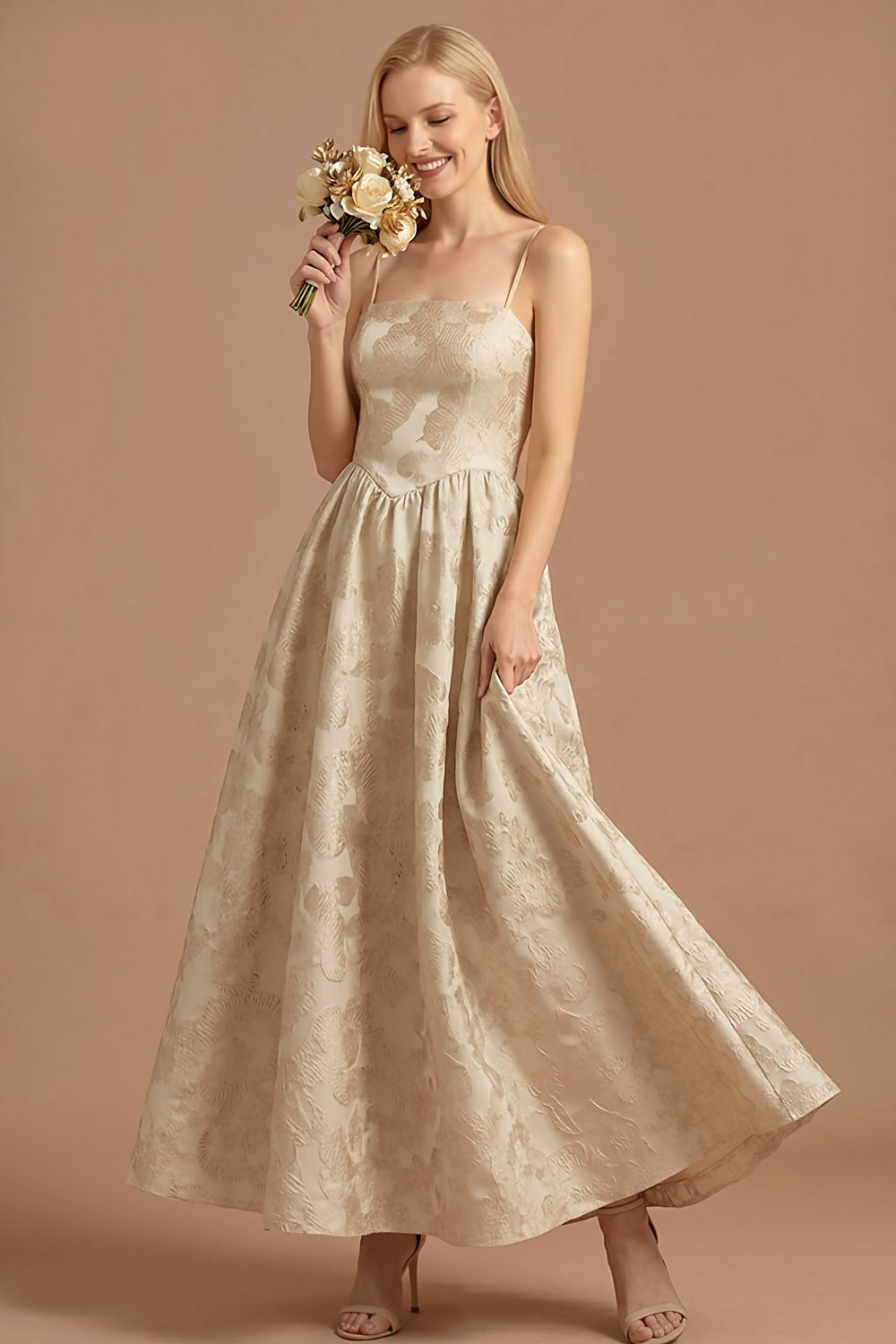 Leely Women Champagne Floral Long Wedding Guest Dress Jacquard Spaghetti Straps Backless Evening Dress