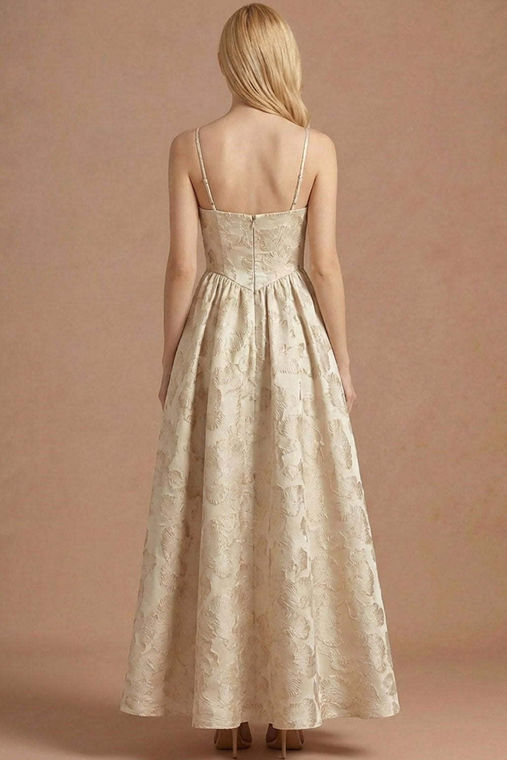 Jacquard Champagne Spaghetti Straps Floral Long Wedding Guest Dress