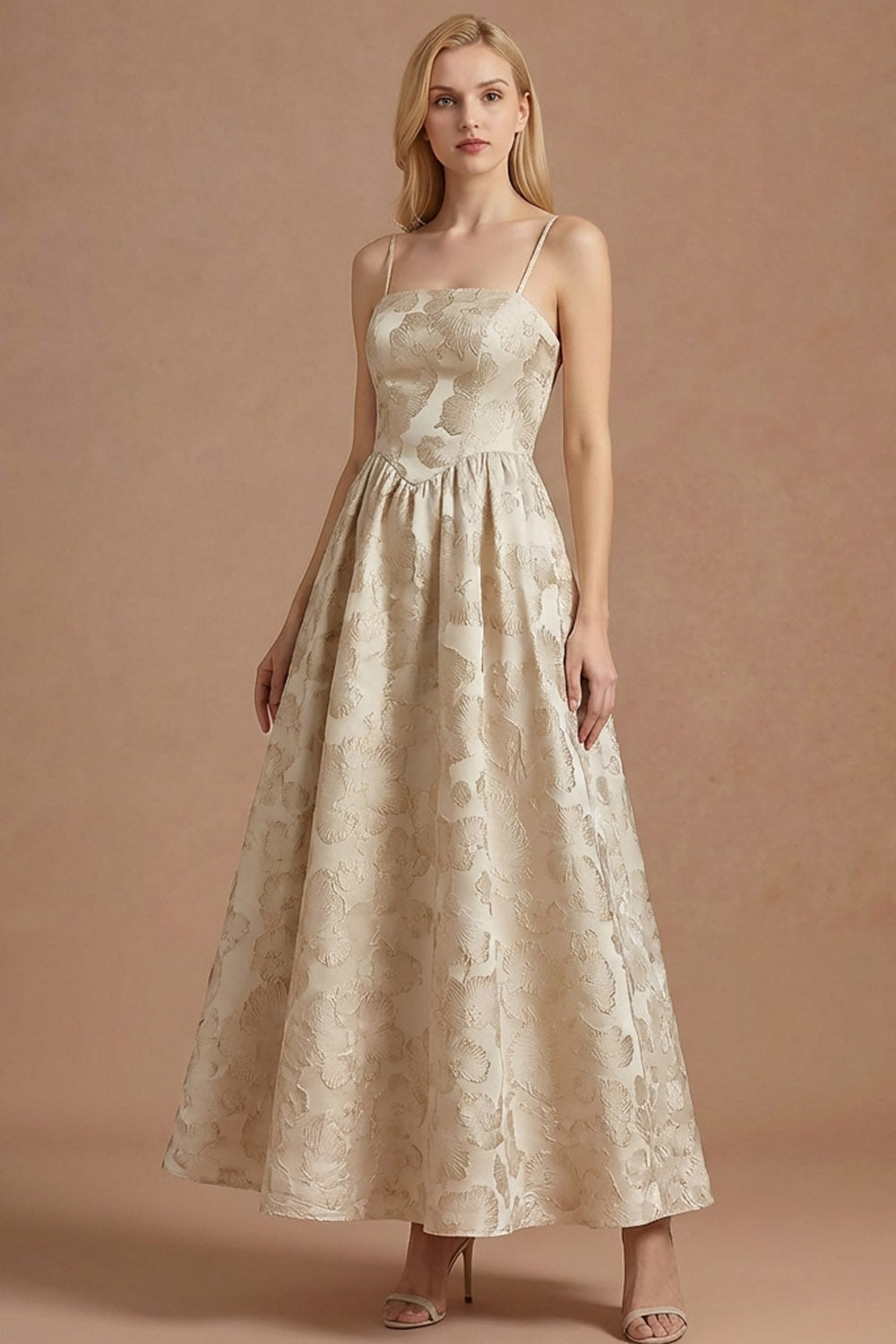 Jacquard Champagne Spaghetti Straps Floral Long Wedding Guest Dress