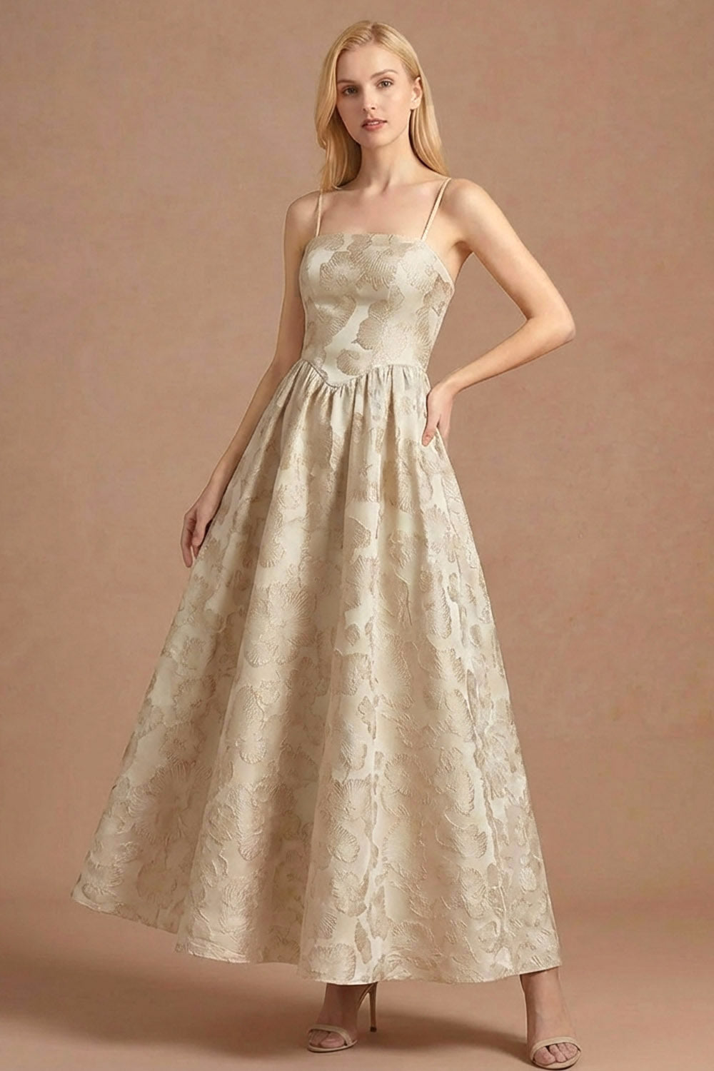 Jacquard Champagne Spaghetti Straps Floral Long Wedding Guest Dress