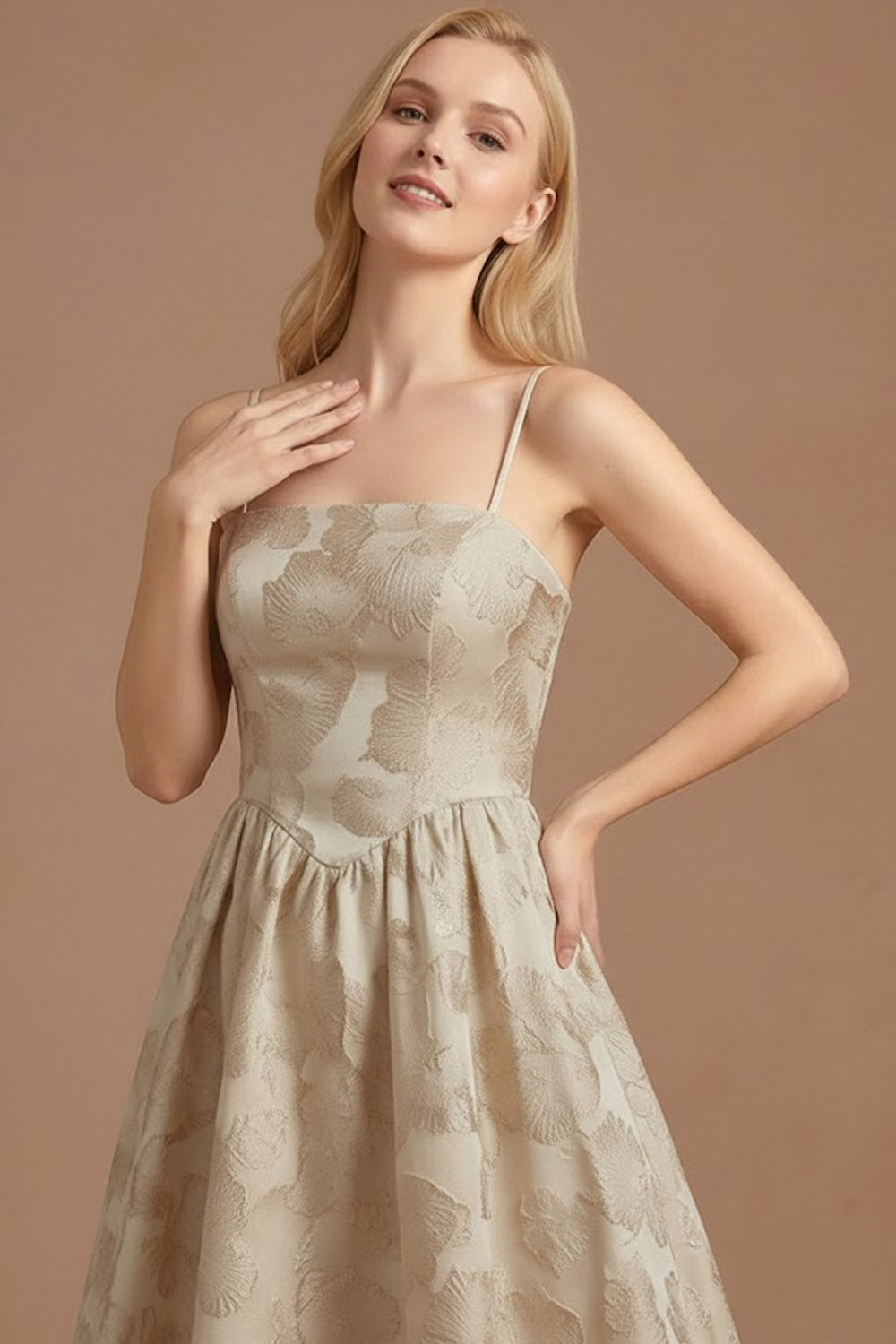 Jacquard Champagne Spaghetti Straps Floral Long Wedding Guest Dress