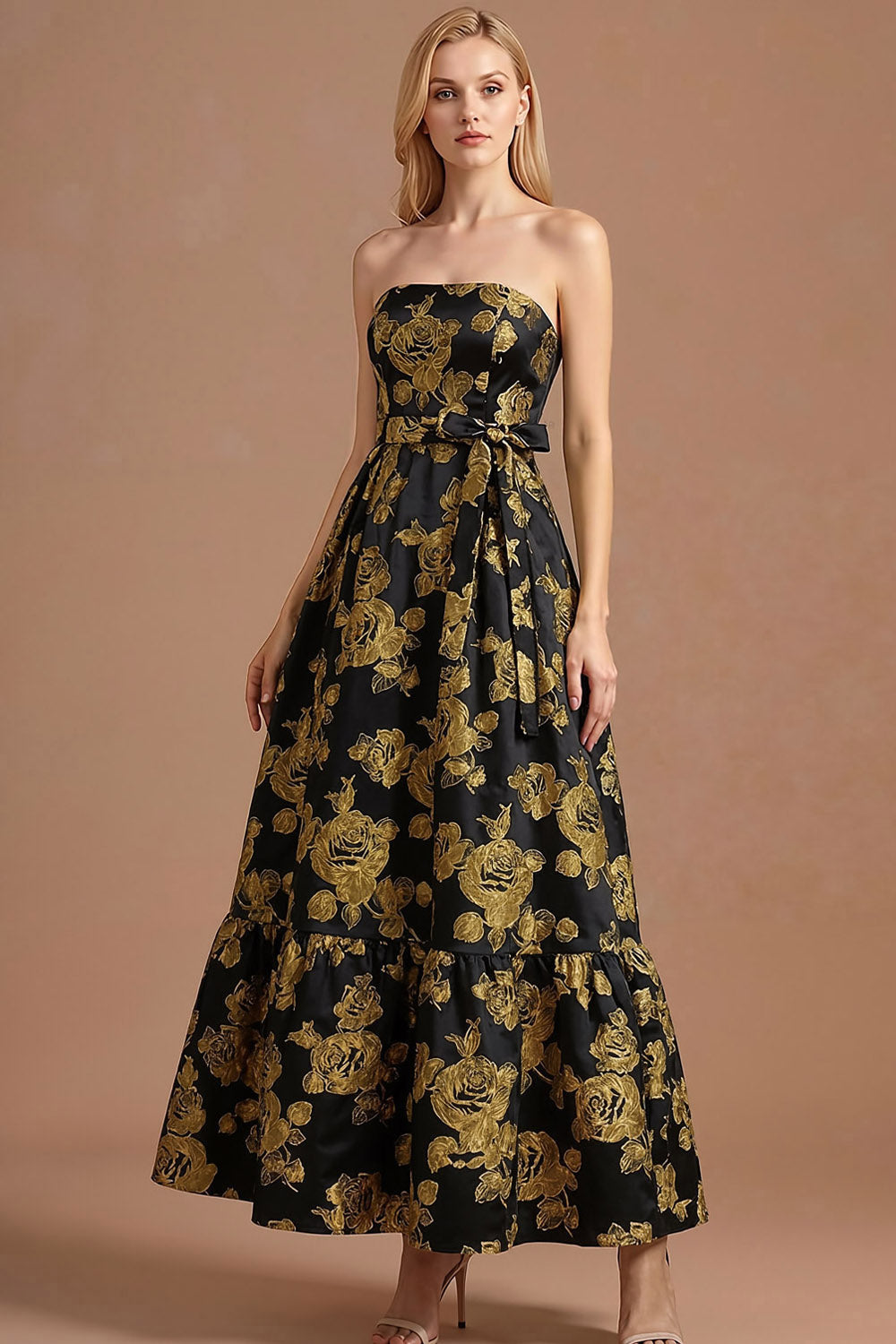 Leely Women Golden Floral A Line Strapless Maxi Formal Dress Sleeveless Jacquard Backless Evening Dress