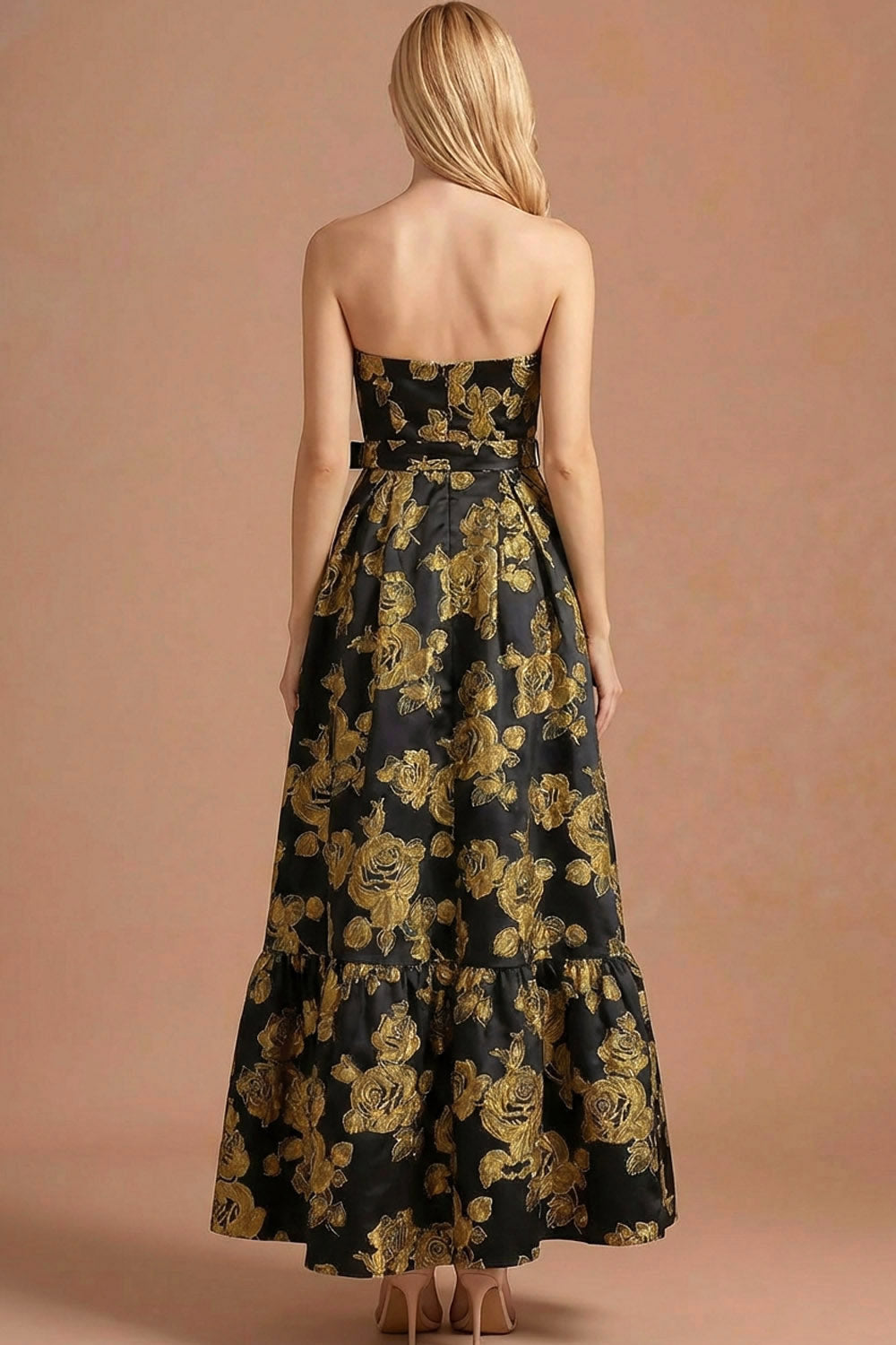 Golden Floral Jacquard A Line Strapless Maxi Formal Dress