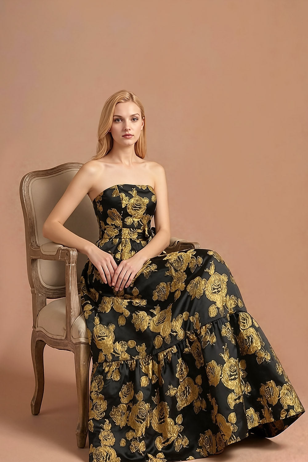 Golden Floral Jacquard A Line Strapless Maxi Formal Dress