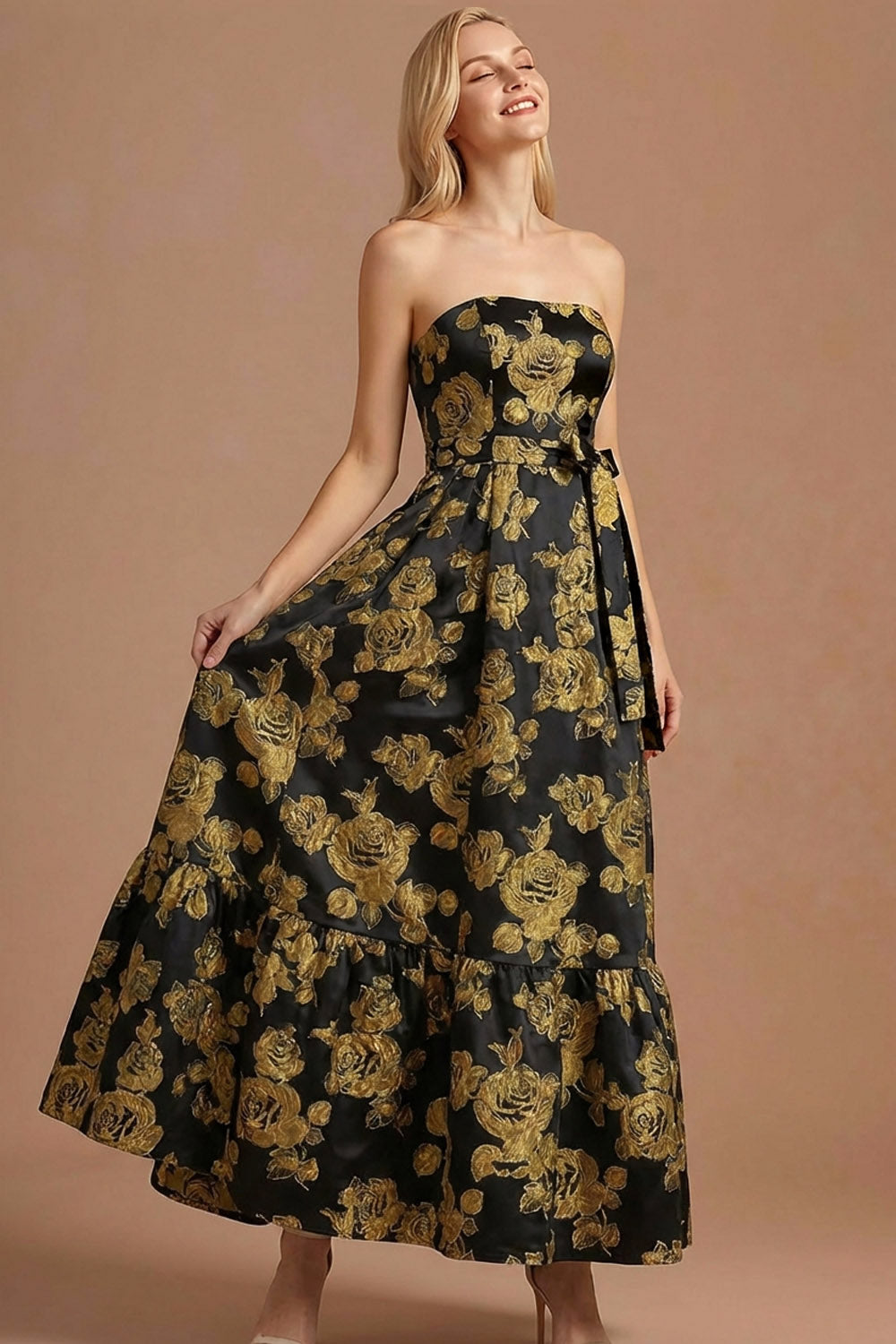 Golden Floral Jacquard A Line Strapless Maxi Formal Dress