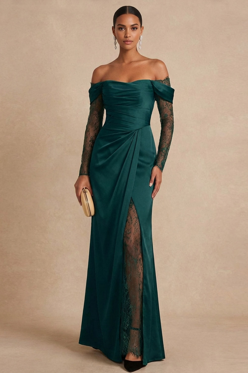 Leely Women Dark Green Long Wedding Guest Dress with Slit Ruched Mermaid Off the Shoulder Backless Evening Dress with Long Sleeves