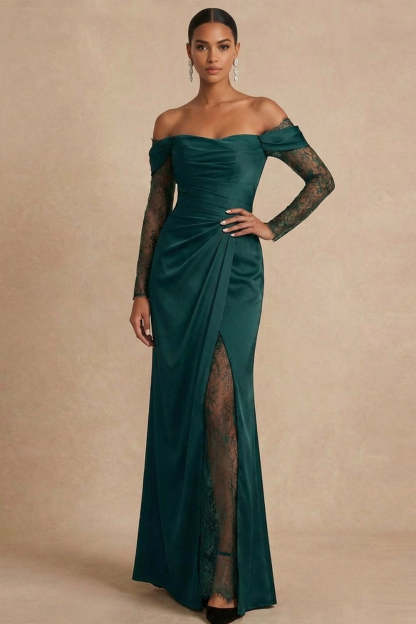 Dark Green Ruched Off the Shoulder Long Wedding Guest Dress with Slit