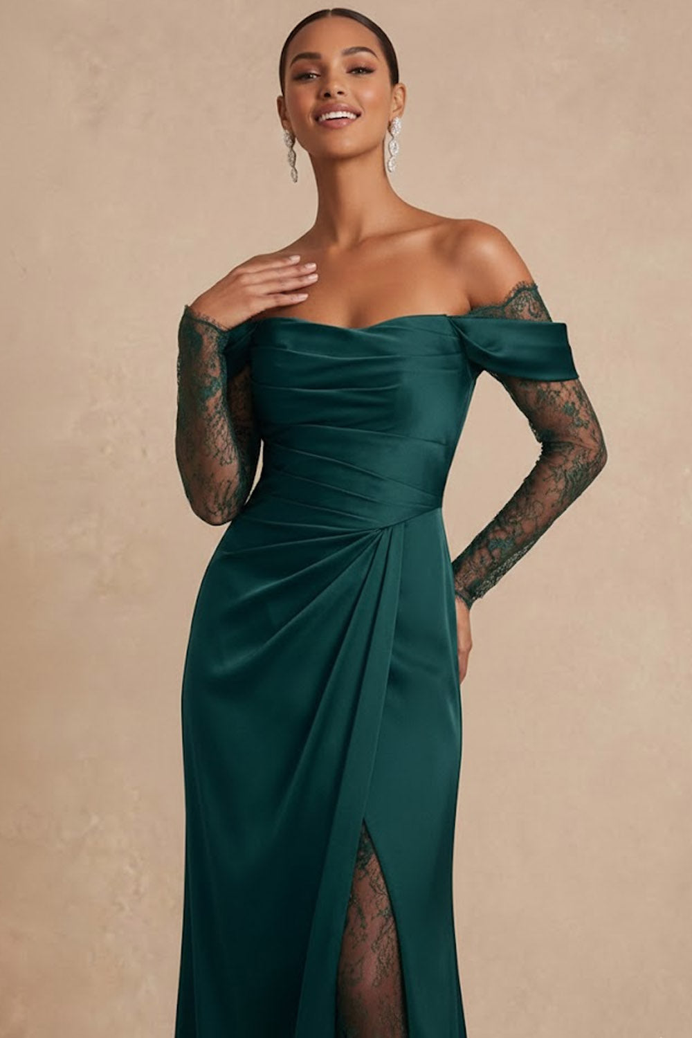 Dark Green Ruched Off the Shoulder Long Wedding Guest Dress with Slit