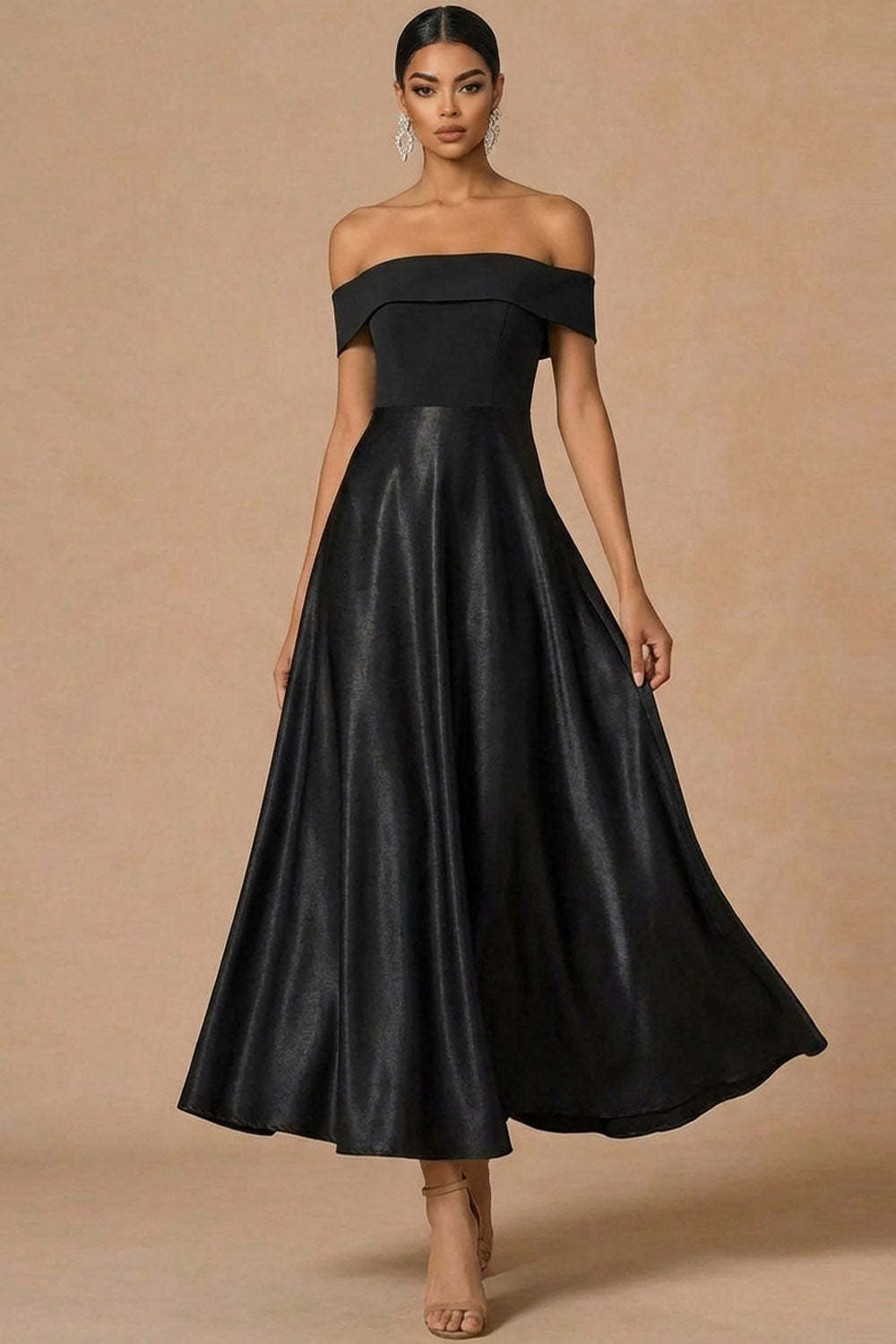 Leely Women Black A Line Long Formal Dress Backless Off the Shoulder Sleeveless Wedding Guest Dress