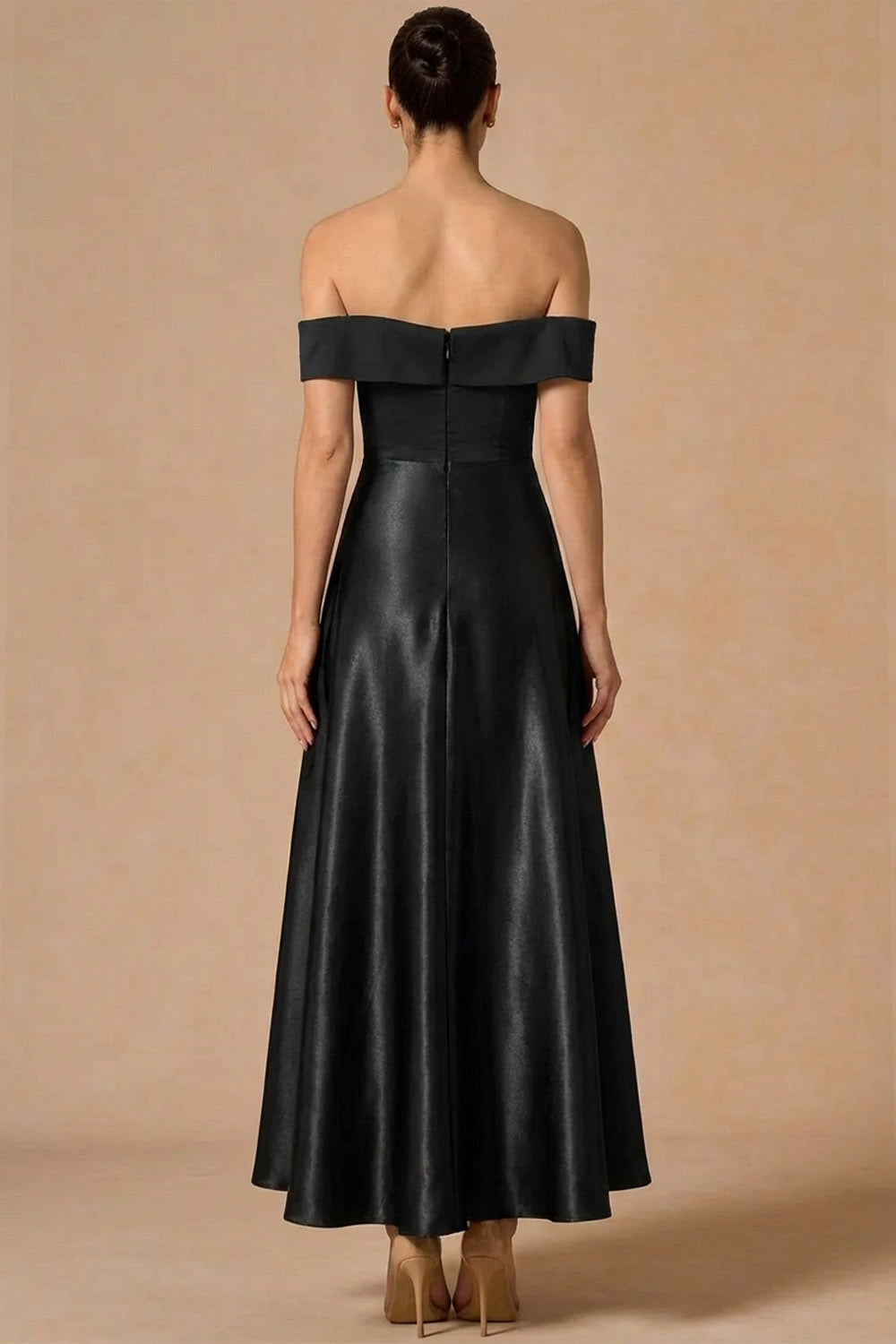 Off the Shoulder Black A Line Backless Long Formal Dress