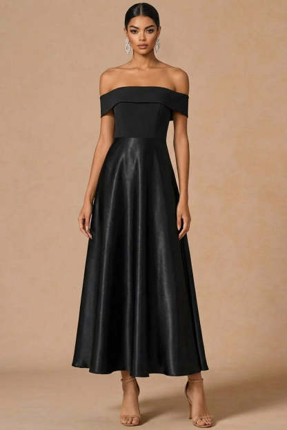 Off the Shoulder Black A Line Backless Long Formal Dress