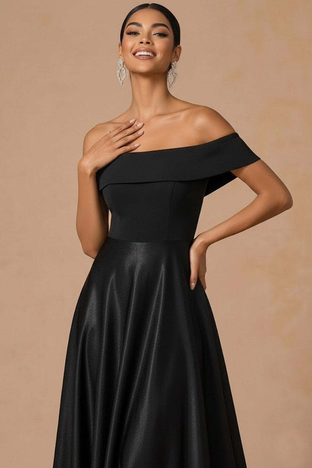 Off the Shoulder Black A Line Backless Long Formal Dress