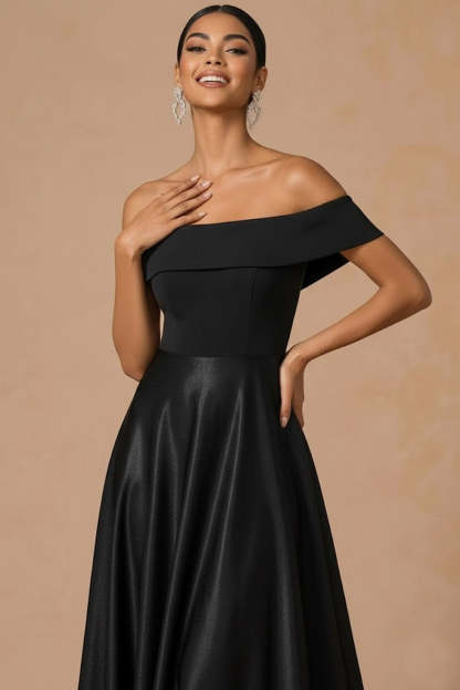 Off the Shoulder Black A Line Backless Long Formal Dress