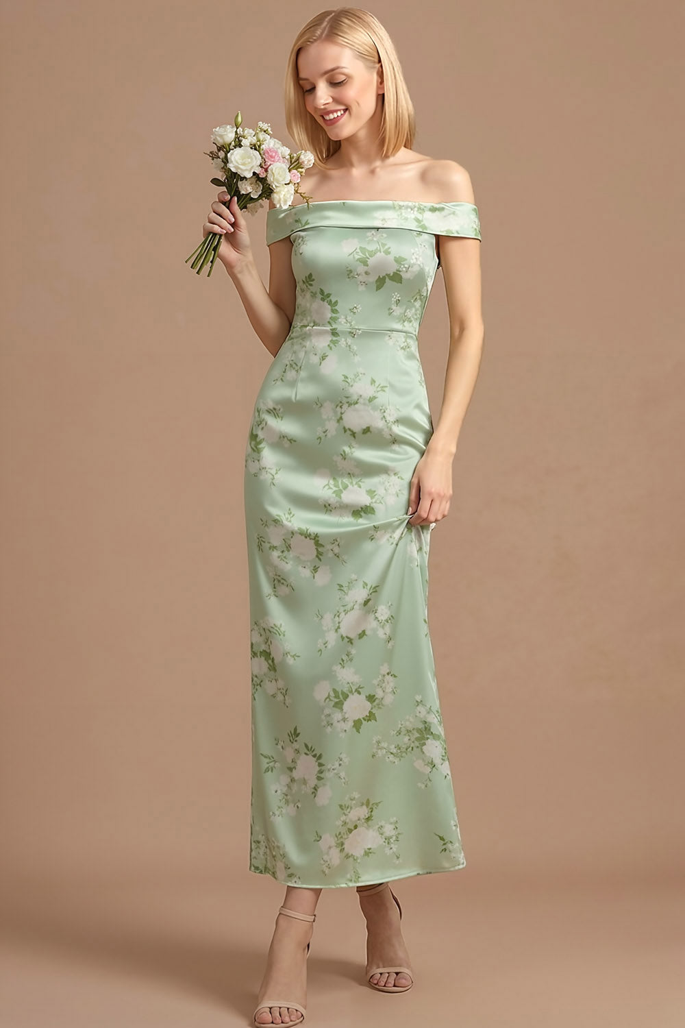 Leely Women Dusty Sage Floral Satin Mermaid Maxi Bridesmaid Dress Off the Shoulder Backless Sleeveless Wedding Guest Dress