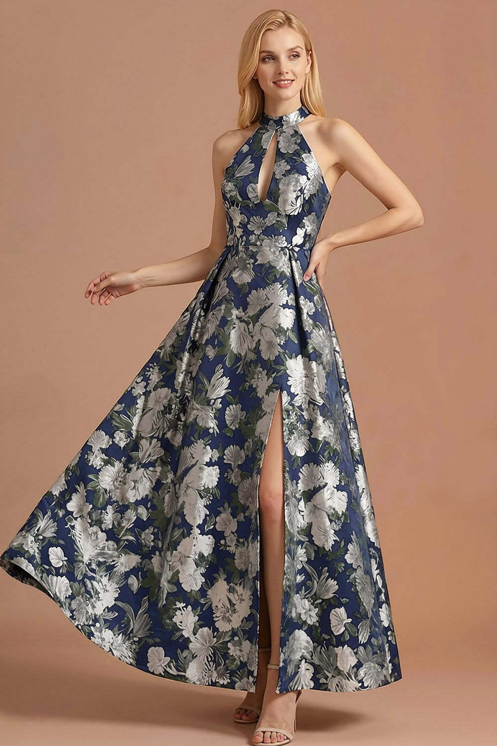 Leely Women Navy Floral Jacquard A Line Maxi Formal Dress with Slit Keyhole Halter Neck Sleeveless Halter Neck Evening Dress