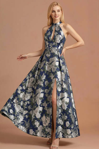 Leely Women Navy Floral Jacquard A Line Maxi Formal Dress with Slit Keyhole Halter Neck Sleeveless Halter Neck Evening Dress