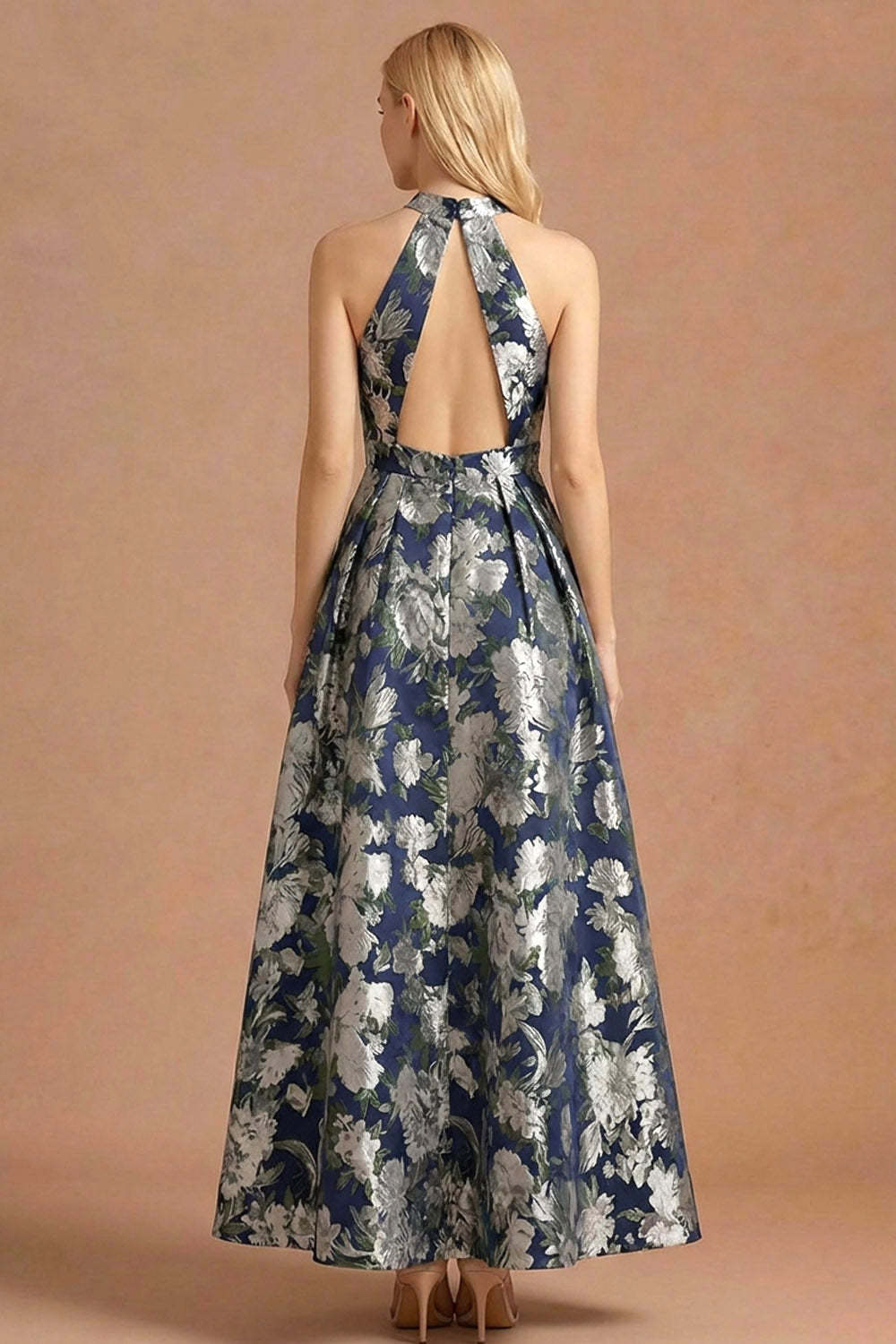 Navy Floral Jacquard Halter Neck A Line Maxi Formal Dress with Slit