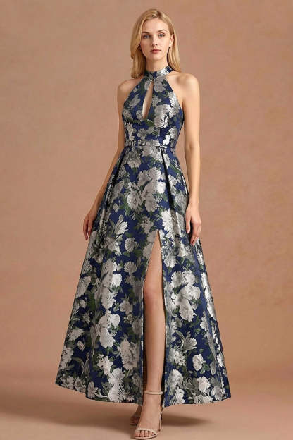 Navy Floral Jacquard Halter Neck A Line Maxi Formal Dress with Slit
