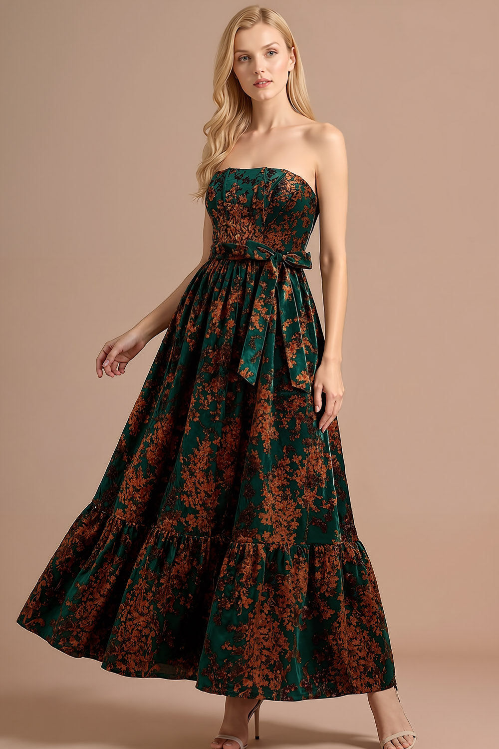 Leely Women Peacock Green Floral Corset Maxi Wedding Guest Dress Backless Burnout Velvet Sleeveless Evening Dress with Slit