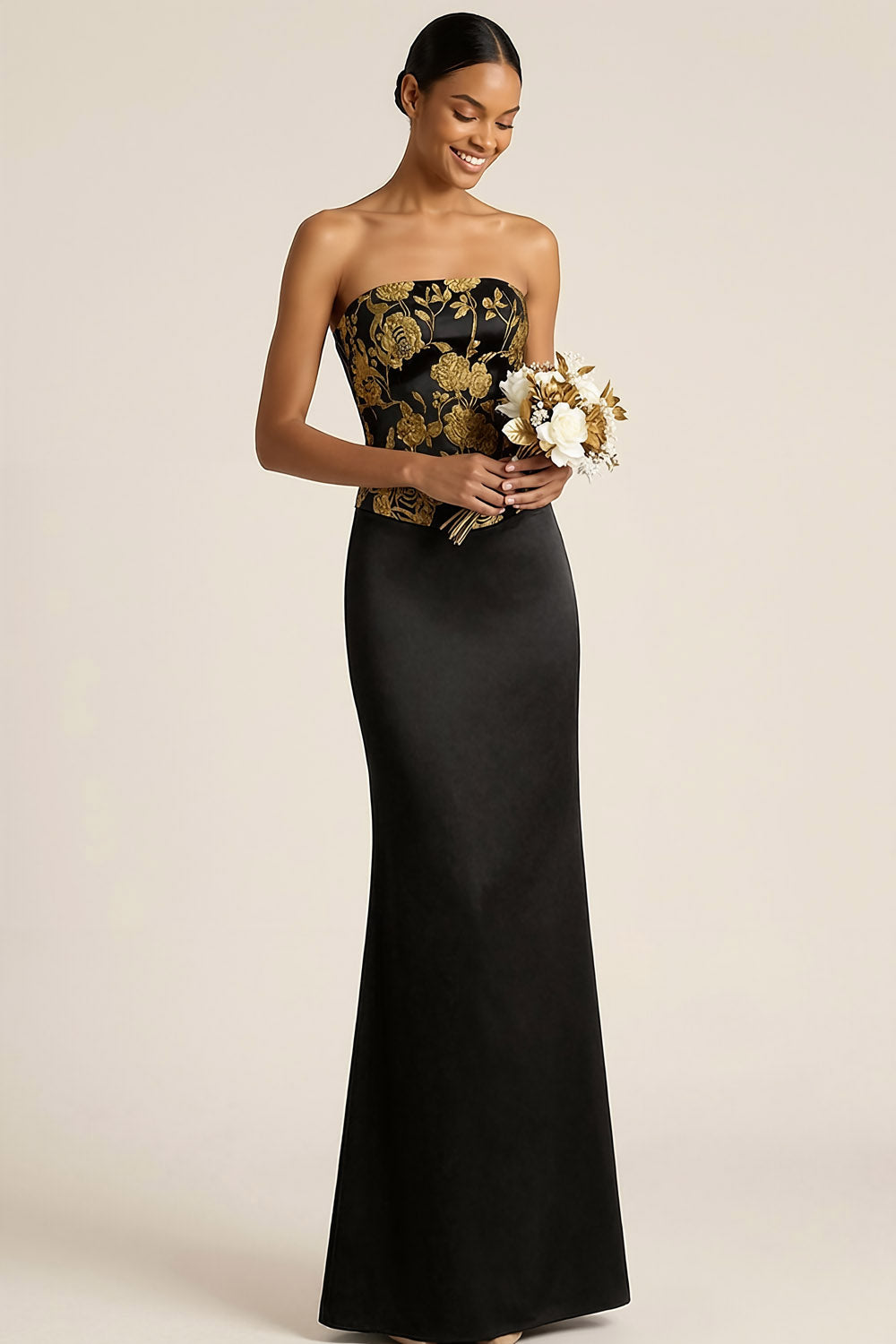 Golden Jacquard Mermaid Floral Long Formal Dress