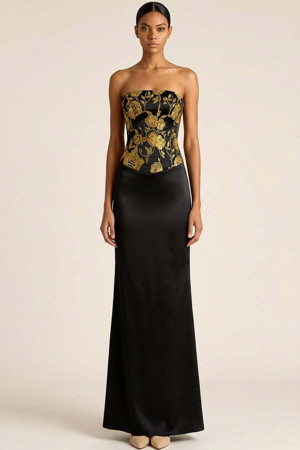 Golden Jacquard Mermaid Floral Long Formal Dress