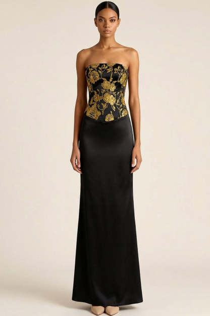 Golden Jacquard Mermaid Floral Long Formal Dress