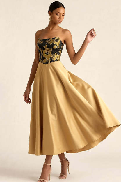 Leely Women Golden A Line Floral Long Formal Dress Satin Jacquard Strapless Backless Evening Dress