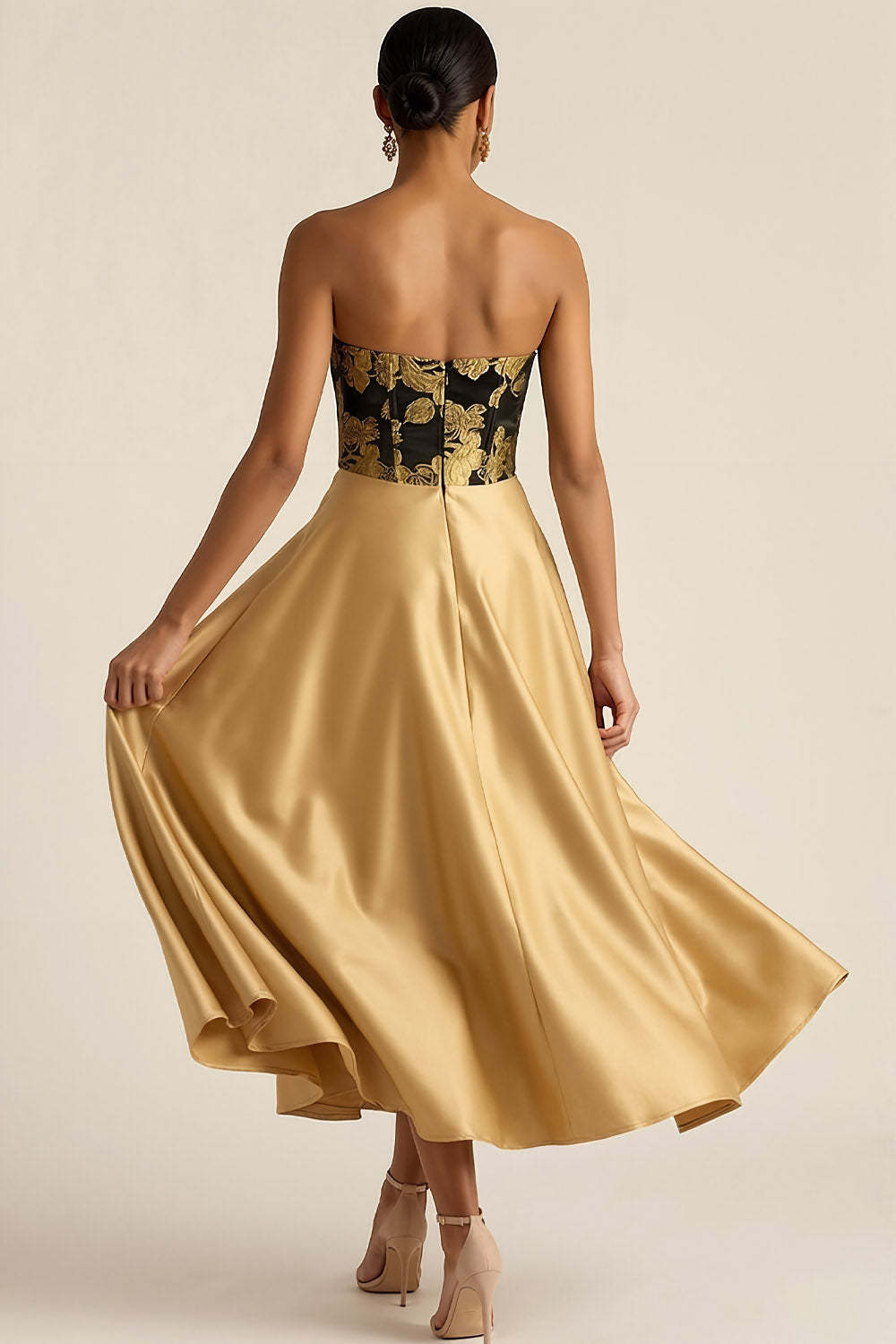 Golden Strapless Backless A Line Floral Long Formal Dress