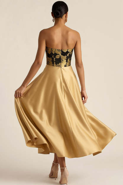 Golden Strapless Backless A Line Floral Long Formal Dress