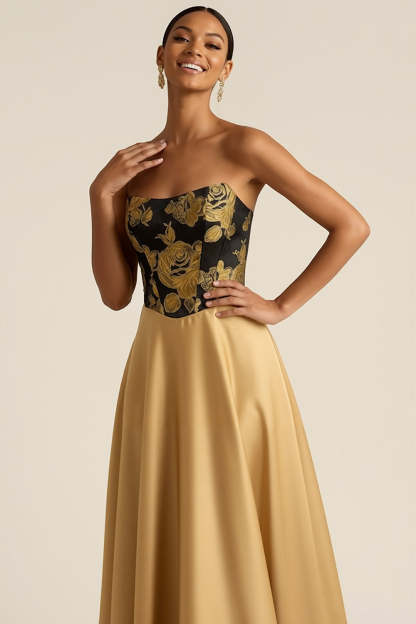 Golden Strapless Backless A Line Floral Long Formal Dress