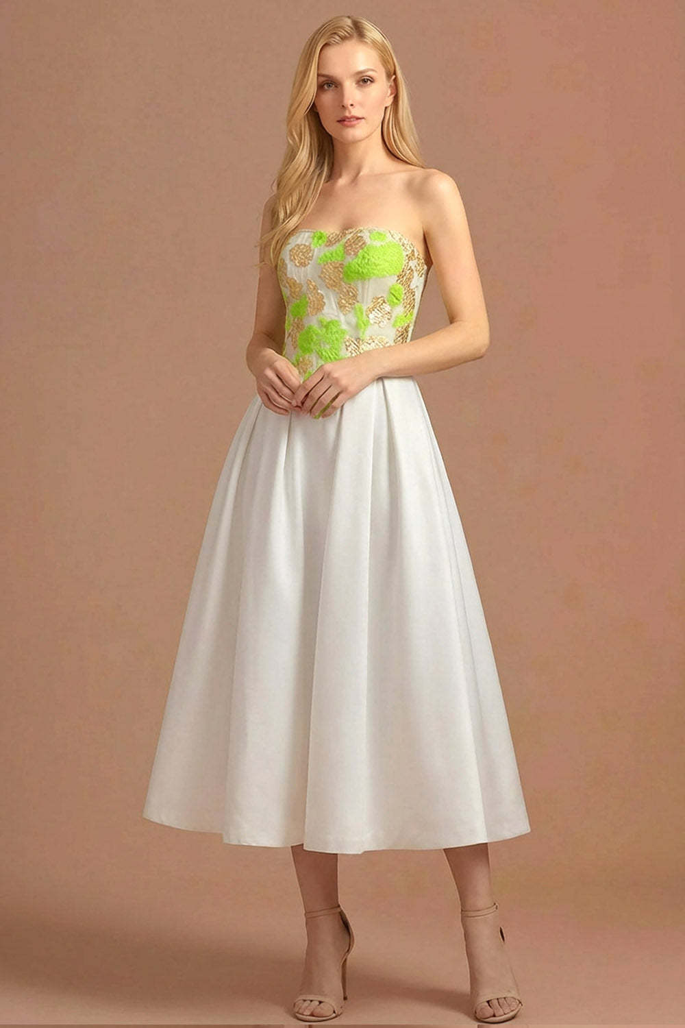 Leely Women Light Green Floral A Line Long Wedding Guest Dress Jacquard Strapless Backless Formal Dress