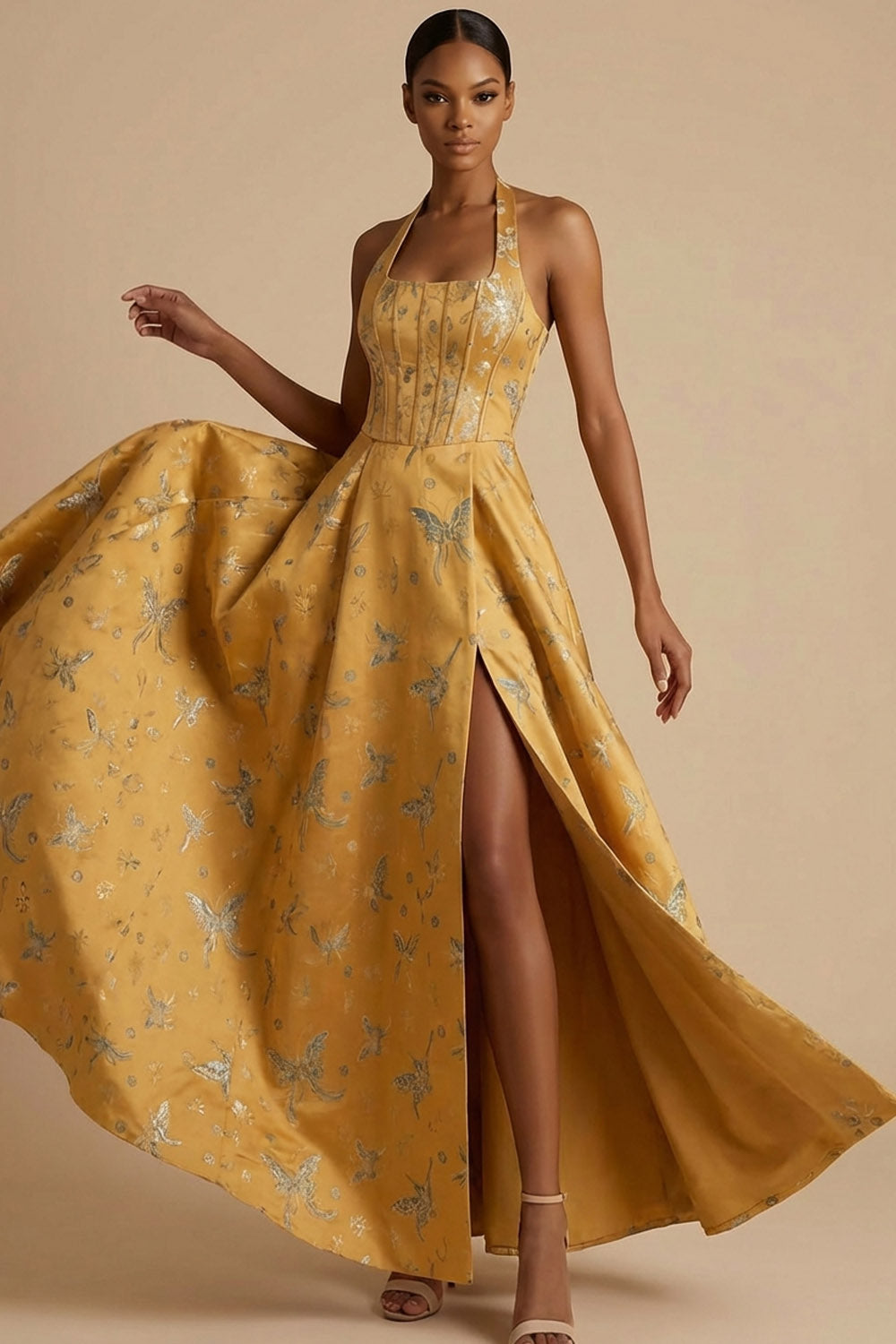 A Line Yellow Corset Long Formal Dress with Slit