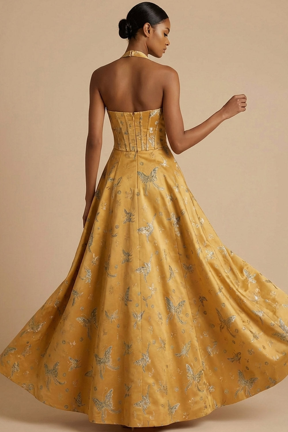 A Line Yellow Corset Long Formal Dress with Slit