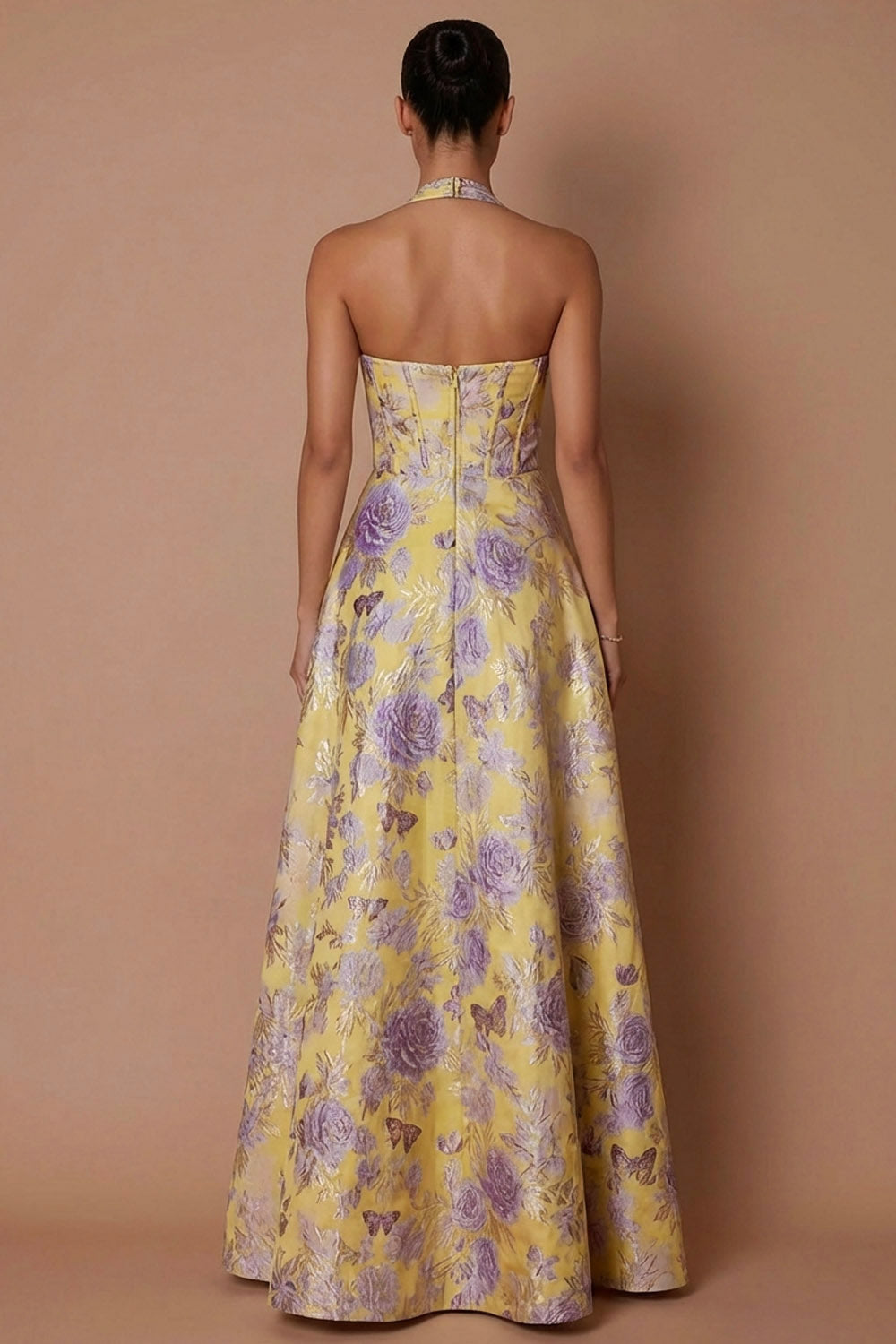 Halter Neck Yellow Jacquard Corset Floral Long Formal Dress