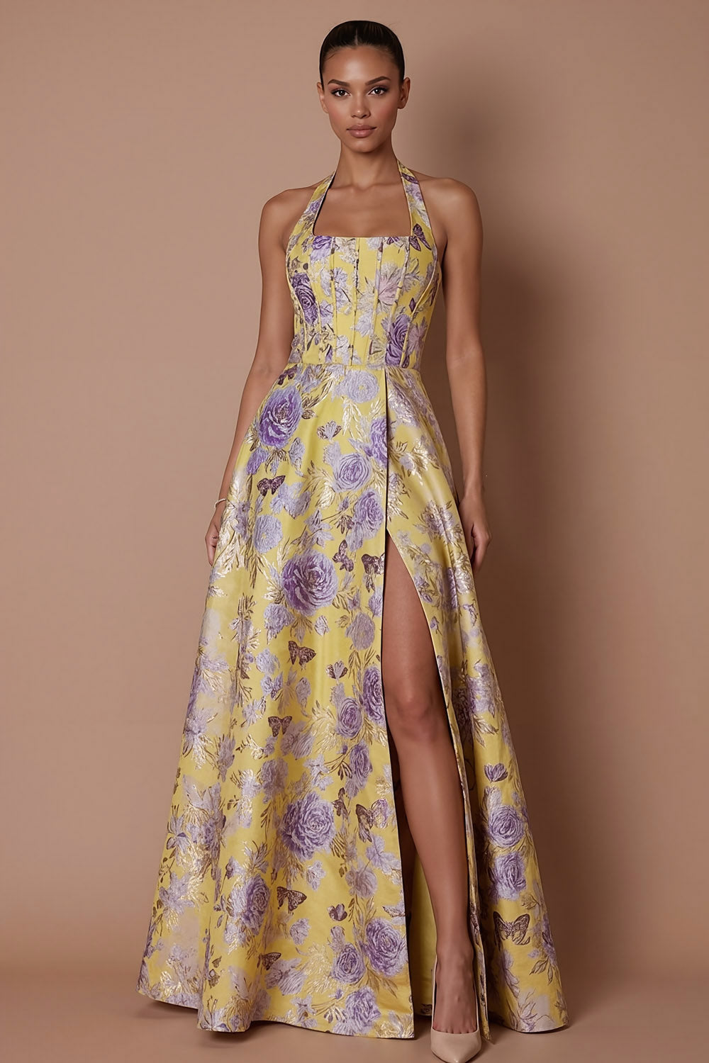 Halter Neck Yellow Jacquard Corset Floral Long Formal Dress